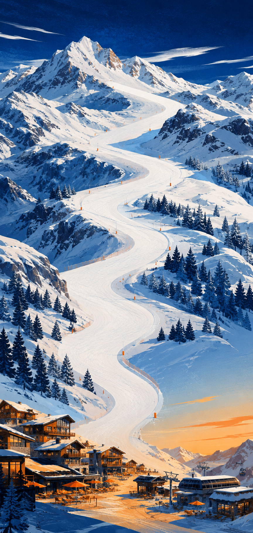 Illustrated Alpine slope descending towards Val Thorens